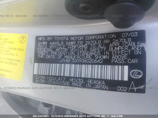 JTHBF30G936020642 - 2003 LEXUS ES 300 SILVER photo 9