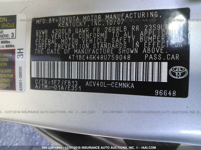 4T1BE46K48U759048 - 2008 TOYOTA CAMRY CE/LE/XLE/SE SILVER photo 9