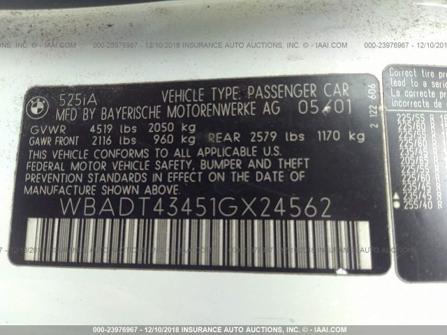 WBADT43451GX24562 - 2001 BMW 525 I AUTOMATIC WHITE photo 9