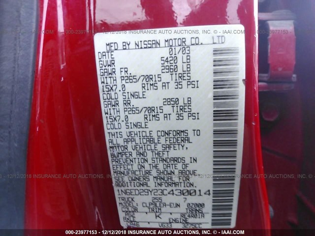 1N6ED29Y23C430014 - 2003 NISSAN FRONTIER CREW CAB XE/CREW CAB SE RED photo 9