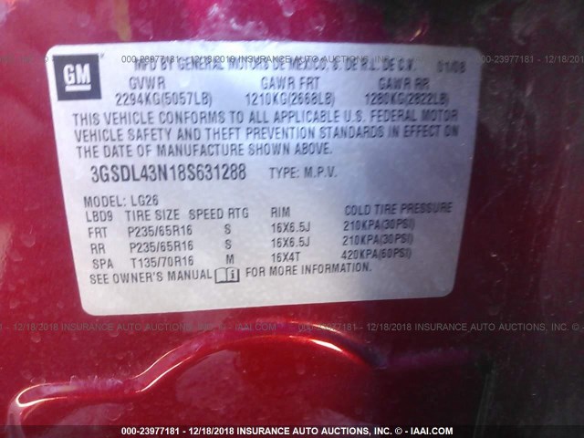 3GSDL43N18S631288 - 2008 SATURN VUE XE RED photo 9