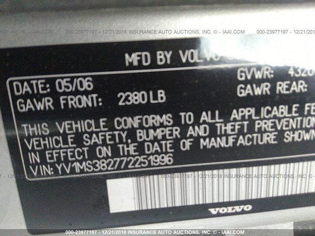 YV1MS382772251996 - 2007 VOLVO S40 2.4I SILVER photo 9