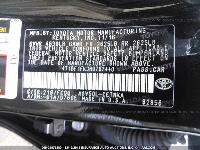 4T1BF1FK3HU707440 - 2017 TOYOTA CAMRY LE/XLE/SE/XSE BLACK photo 9