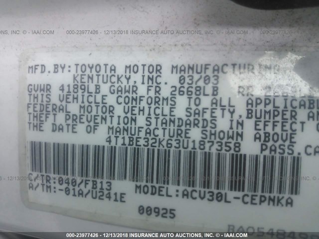 4T1BE32K63U187358 - 2003 TOYOTA CAMRY LE/XLE/SE WHITE photo 9