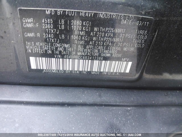 4S4BRBCC6B3412386 - 2011 SUBARU OUTBACK 2.5I PREMIUM GRAY photo 9