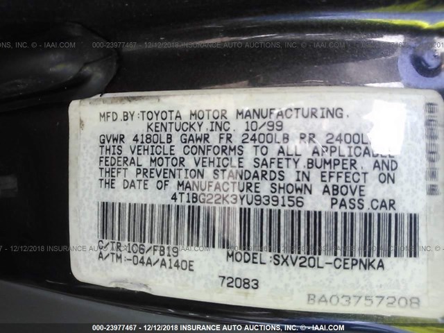 4T1BG22K3YU939156 - 2000 TOYOTA CAMRY CE/LE/XLE GRAY photo 9