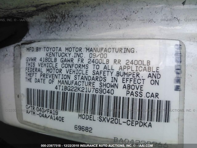 4T1BG22K21U769040 - 2001 TOYOTA CAMRY CE/LE/XLE WHITE photo 9