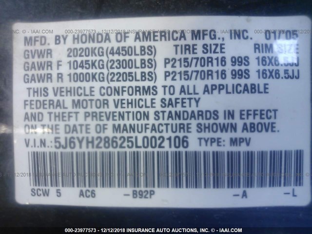 5J6YH28625L002106 - 2005 HONDA ELEMENT EX BLACK photo 9