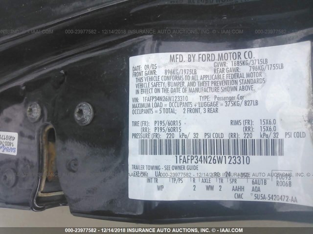 1FAFP34N26W123310 - 2006 FORD FOCUS ZX4 BLACK photo 9