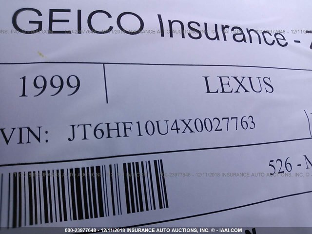 JT6HF10U4X0027763 - 1999 LEXUS RX 300 WHITE photo 9