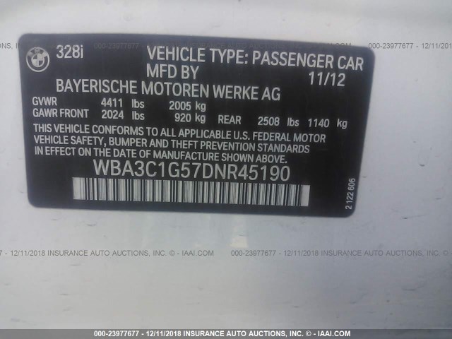 WBA3C1G57DNR45190 - 2013 BMW 328 I SULEV WHITE photo 9