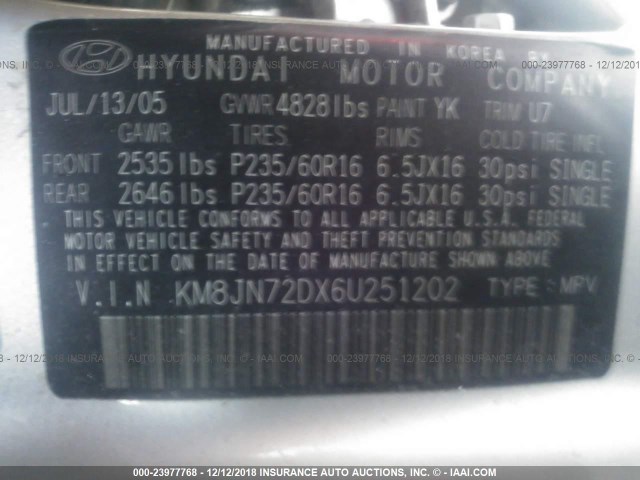 KM8JN72DX6U251202 - 2006 HYUNDAI TUCSON GLS/LIMITED 银色 照片 9