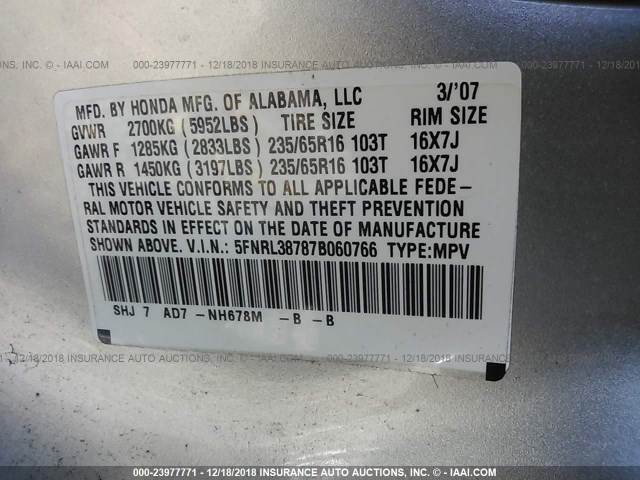 5FNRL38787B060766 - 2007 HONDA ODYSSEY EXL SILVER photo 9