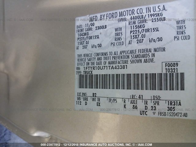 1FTYR10U71TA43381 - 2001 FORD RANGER GOLD photo 9