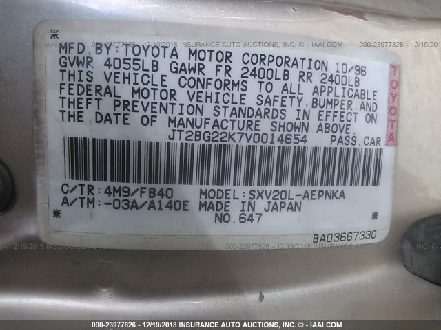 JT2BG22K7V0014654 - 1997 TOYOTA CAMRY LE/XLE GOLD photo 9