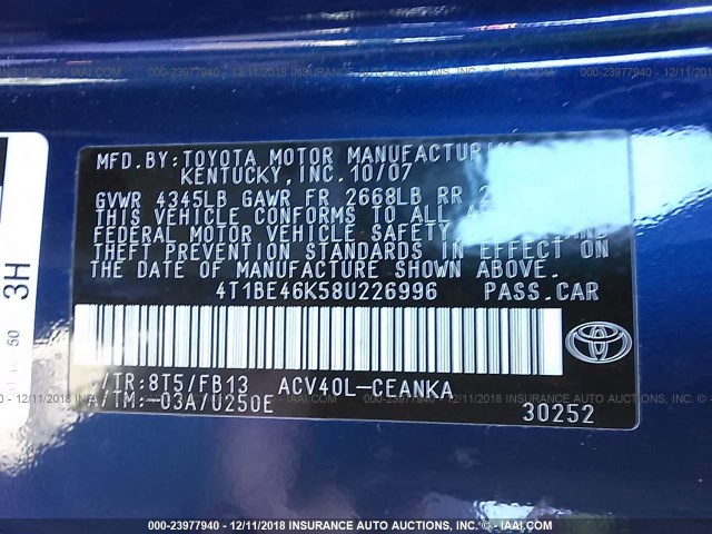 4T1BE46K58U226996 - 2008 TOYOTA CAMRY CE/LE/XLE/SE BLUE photo 9
