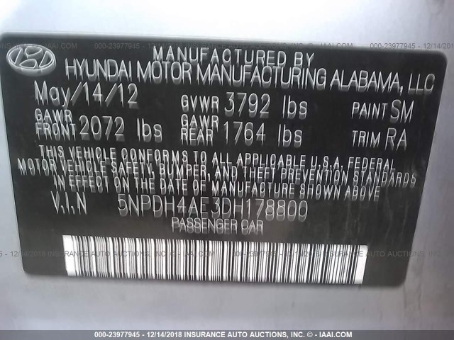 5NPDH4AE3DH178800 - 2013 HYUNDAI ELANTRA GLS/LIMITED SILVER photo 9