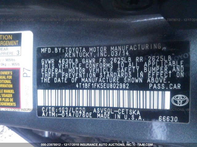 4T1BF1FK5EU802982 - 2014 TOYOTA CAMRY L/SE/LE/XLE 黑色 照片 9