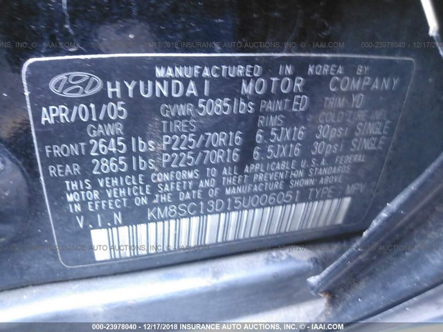 KM8SC13D15U006051 - 2005 HYUNDAI SANTA FE GLS/LX BLACK photo 9