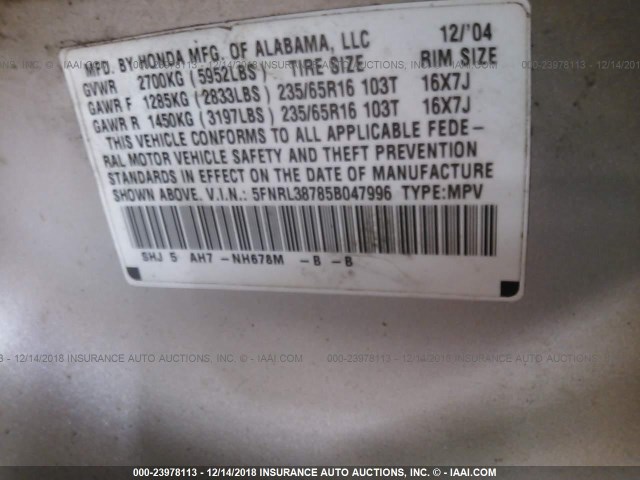 5FNRL38785B047996 - 2005 HONDA ODYSSEY EXL SILVER photo 9