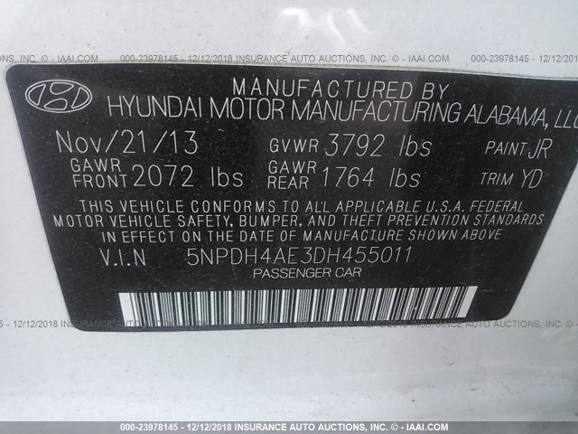 5NPDH4AE3DH455011 - 2013 HYUNDAI ELANTRA GLS/LIMITED WHITE photo 9