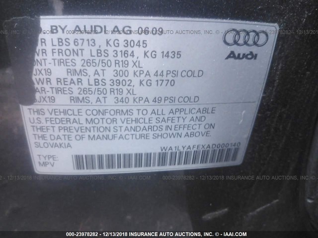 WA1LYAFEXAD000140 - 2010 AUDI Q7 PREMIUM PLUS GRAY photo 9