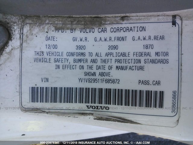 YV1VS29511F685872 - 2001 VOLVO S40 1.9T WHITE photo 9