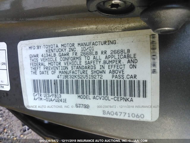 4T1BE32K52U519272 - 2002 TOYOTA CAMRY LE/XLE/SE GRAY photo 9