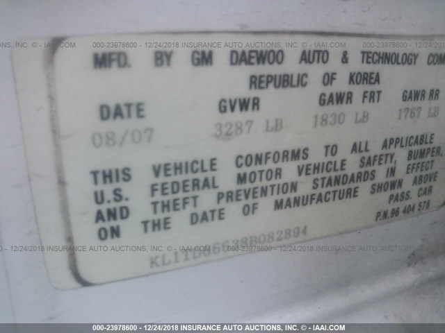 KL1TD66638B082894 - 2008 CHEVROLET AVEO LS WHITE photo 9