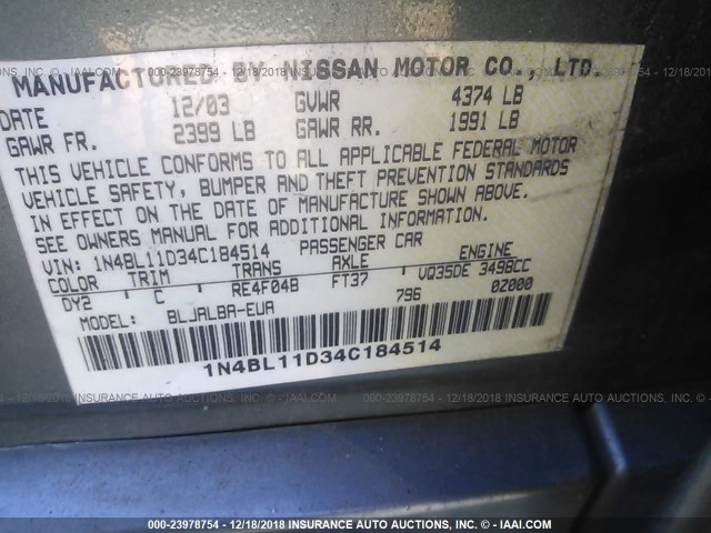 1N4BL11D34C184514 - 2004 NISSAN ALTIMA SE GREEN photo 9