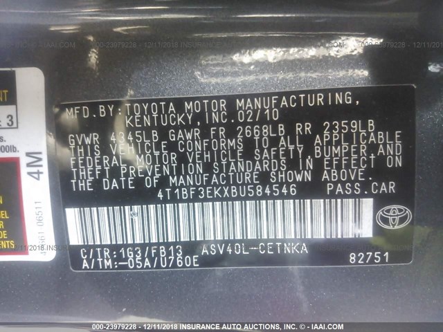4T1BF3EKXBU584546 - 2011 TOYOTA CAMRY SE/LE/XLE 灰色 照片 9