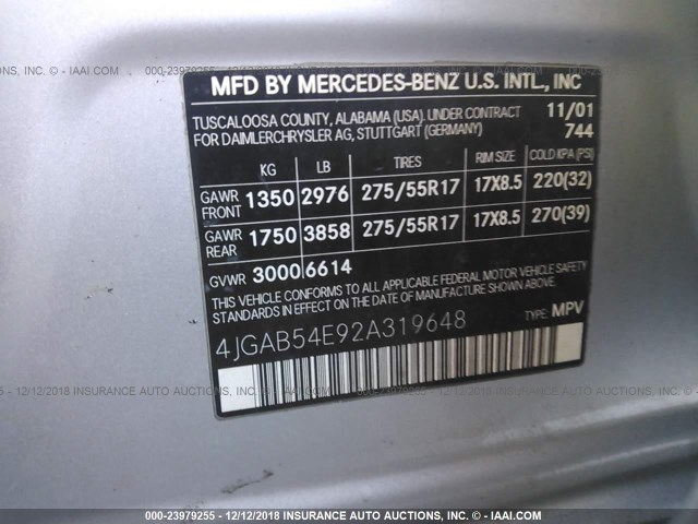 4JGAB54E92A319648 - 2002 MERCEDES-BENZ ML 320 SILVER photo 9