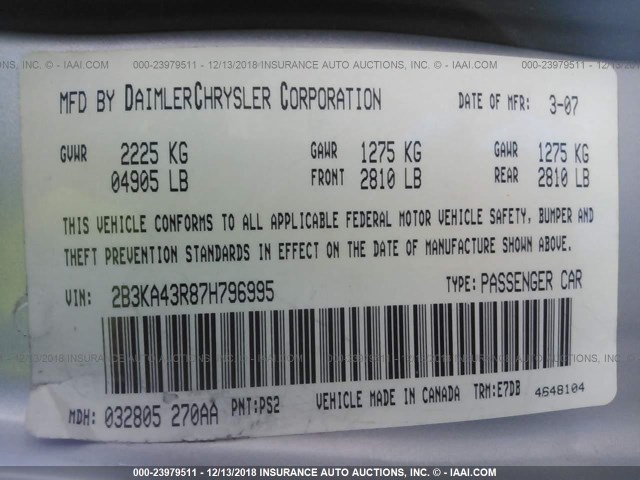 2B3KA43R87H796995 - 2007 DODGE CHARGER SE/SXT SILVER photo 9