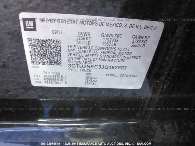 3GTU2NEC3JG182883 - 2018 GMC SIERRA K1500 SLT BLACK photo 9