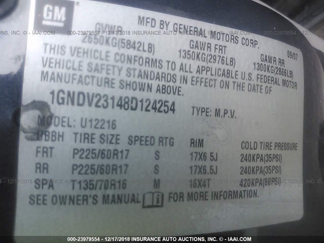 1GNDV23148D124254 - 2008 CHEVROLET UPLANDER LS BLACK photo 9