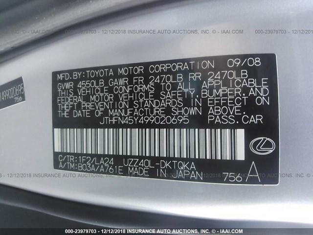 JTHFN45Y499020695 - 2009 LEXUS SC 430 SILVER photo 9