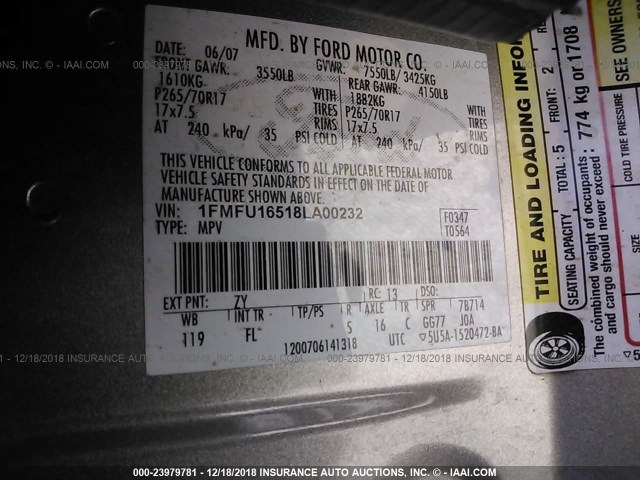 1FMFU16518LA00232 - 2008 FORD EXPEDITION XLT GRAY photo 9