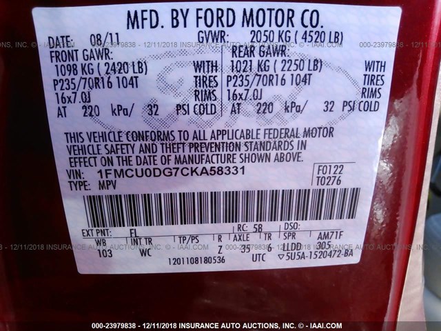 1FMCU0DG7CKA58331 - 2012 FORD ESCAPE XLT RED photo 9