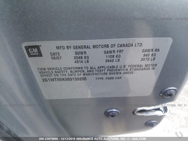 2G1WT55K989139286 - 2008 CHEVROLET IMPALA LT GRAY photo 9