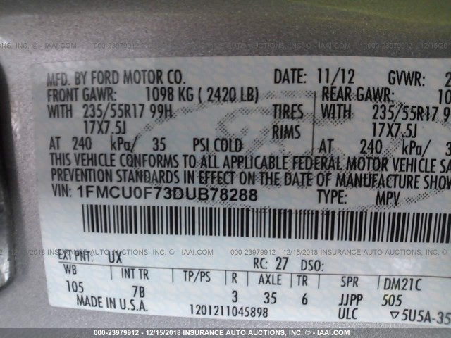 1FMCU0F73DUB78288 - 2013 FORD ESCAPE S SILVER photo 9