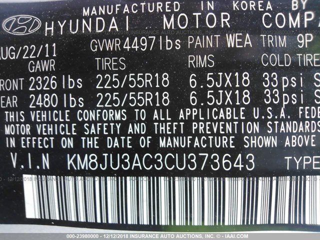 KM8JU3AC3CU373643 - 2012 HYUNDAI TUCSON GLS/LIMITED 银色 照片 9