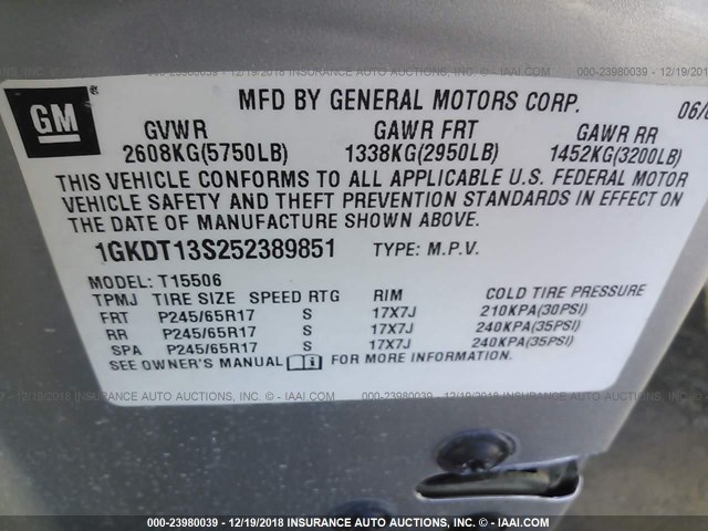 1GKDT13S252389851 - 2005 GMC ENVOY SILVER photo 9