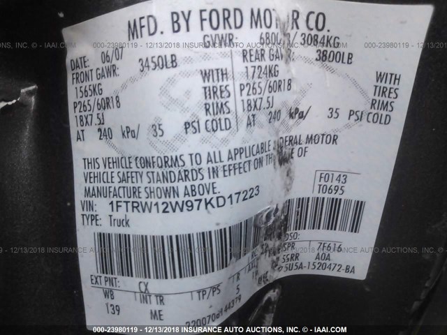 1FTRW12W97KD17223 - 2007 FORD F150 SUPERCREW GRAY photo 9