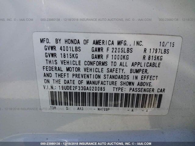 19UDE2F33GA020085 - 2016 ACURA ILX WATCH PLUS WHITE photo 9