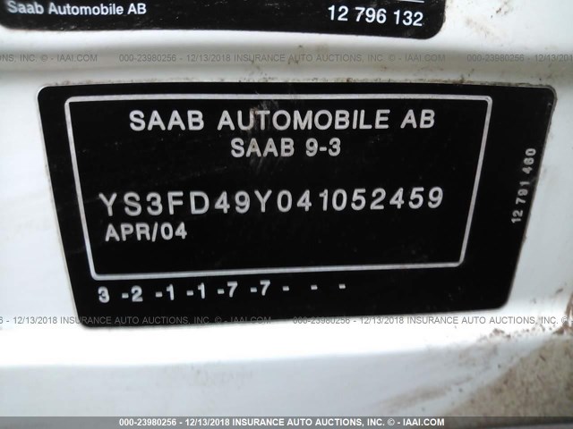 YS3FD49Y041052459 - 2004 SAAB 9-3 ARC WHITE photo 9