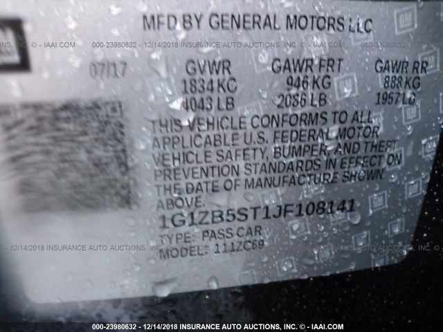 1G1ZB5ST1JF108141 - 2018 CHEVROLET MALIBU LS BLACK photo 9