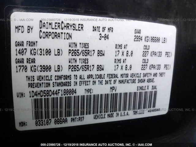 1D4HD58D44F180004 - 2004 DODGE DURANGO LIMITED BLUE photo 9