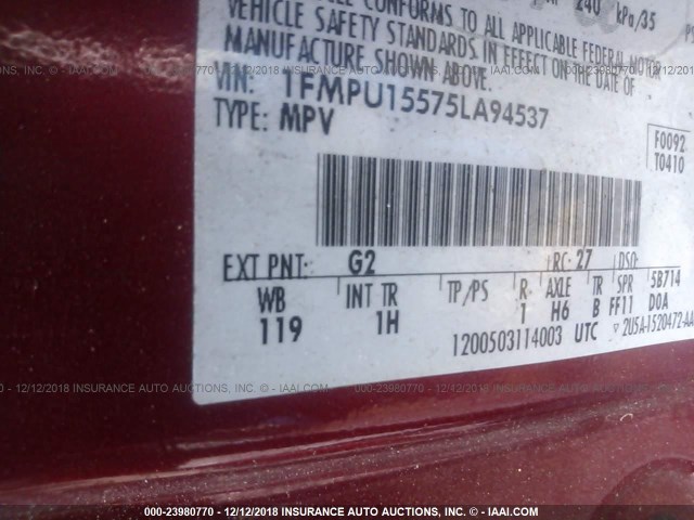 1FMPU15575LA94537 - 2005 FORD EXPEDITION XLT RED photo 9