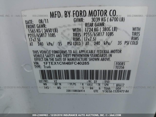 1FTEX1CM4BFC40285 - 2011 FORD F150 SUPER CAB WHITE photo 9