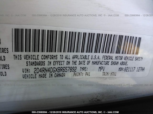 2D4RN4DGXBR657892 - 2011 DODGE GRAND CARAVAN EXPRESS WHITE photo 9